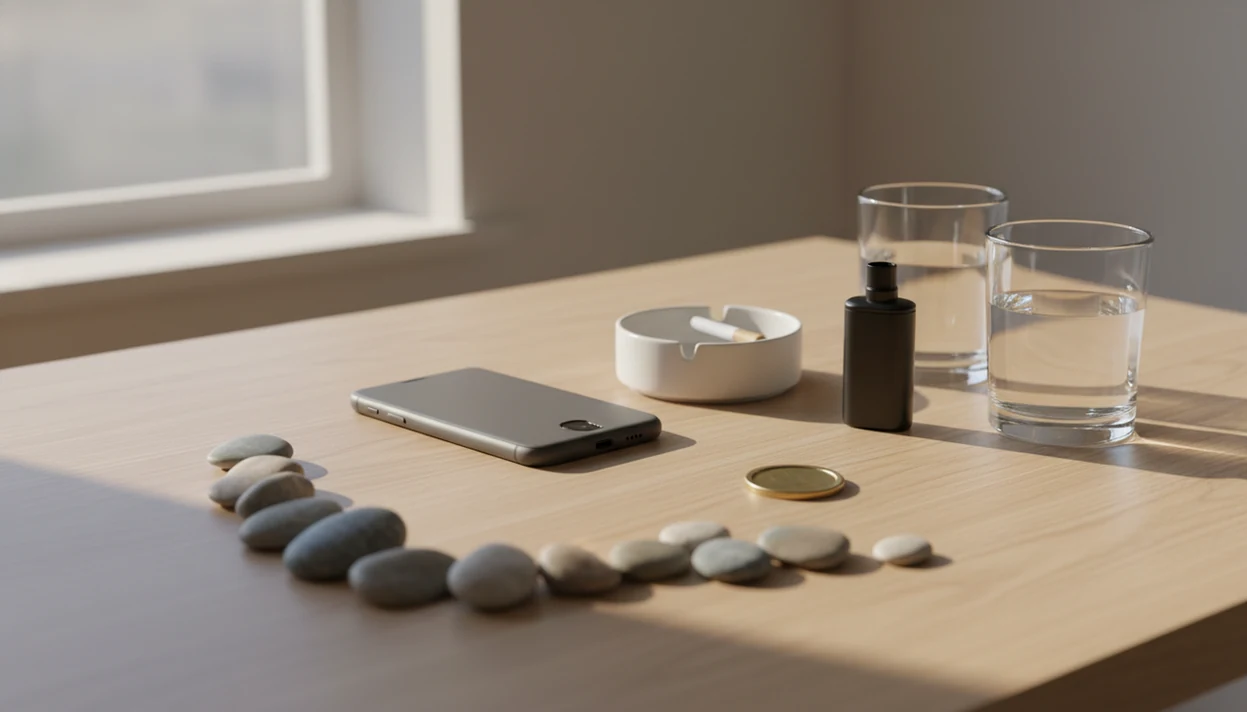 A phone, an ashtray, a vape bottle and a line of stones marking progress on a sunlit table